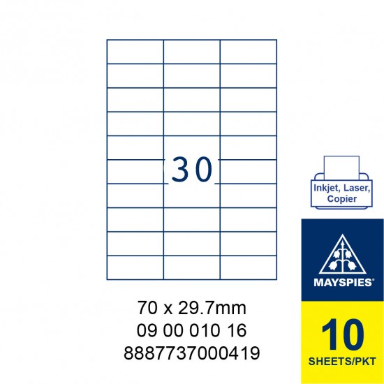 MAYSPIES 09 00 010 16 LABEL FOR INKJET / LASER / COPIER 10 SHEETS/PKT WHITE  70 X 29.7MM